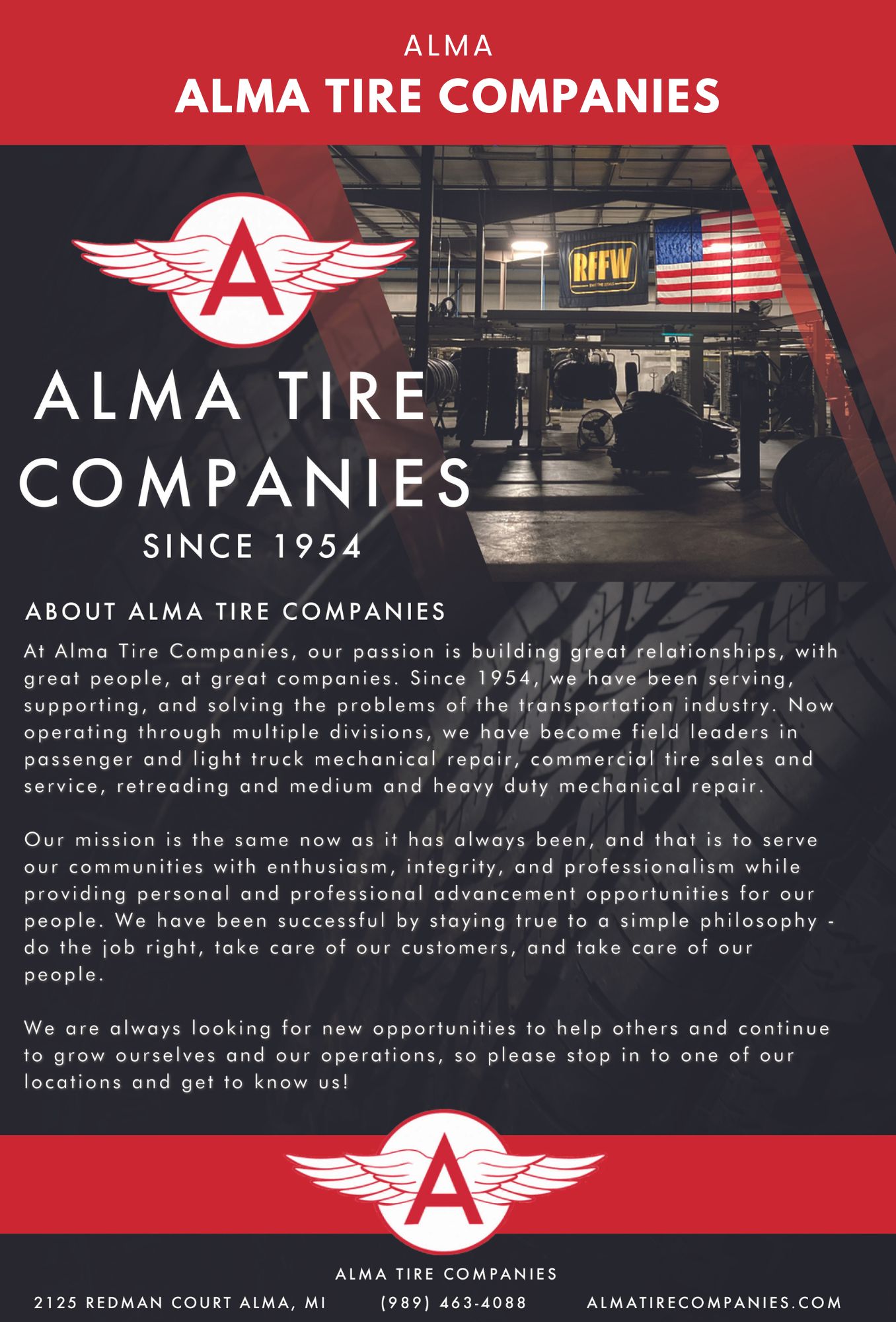 Alma Tire Companies logo, established 1954, automotive services.