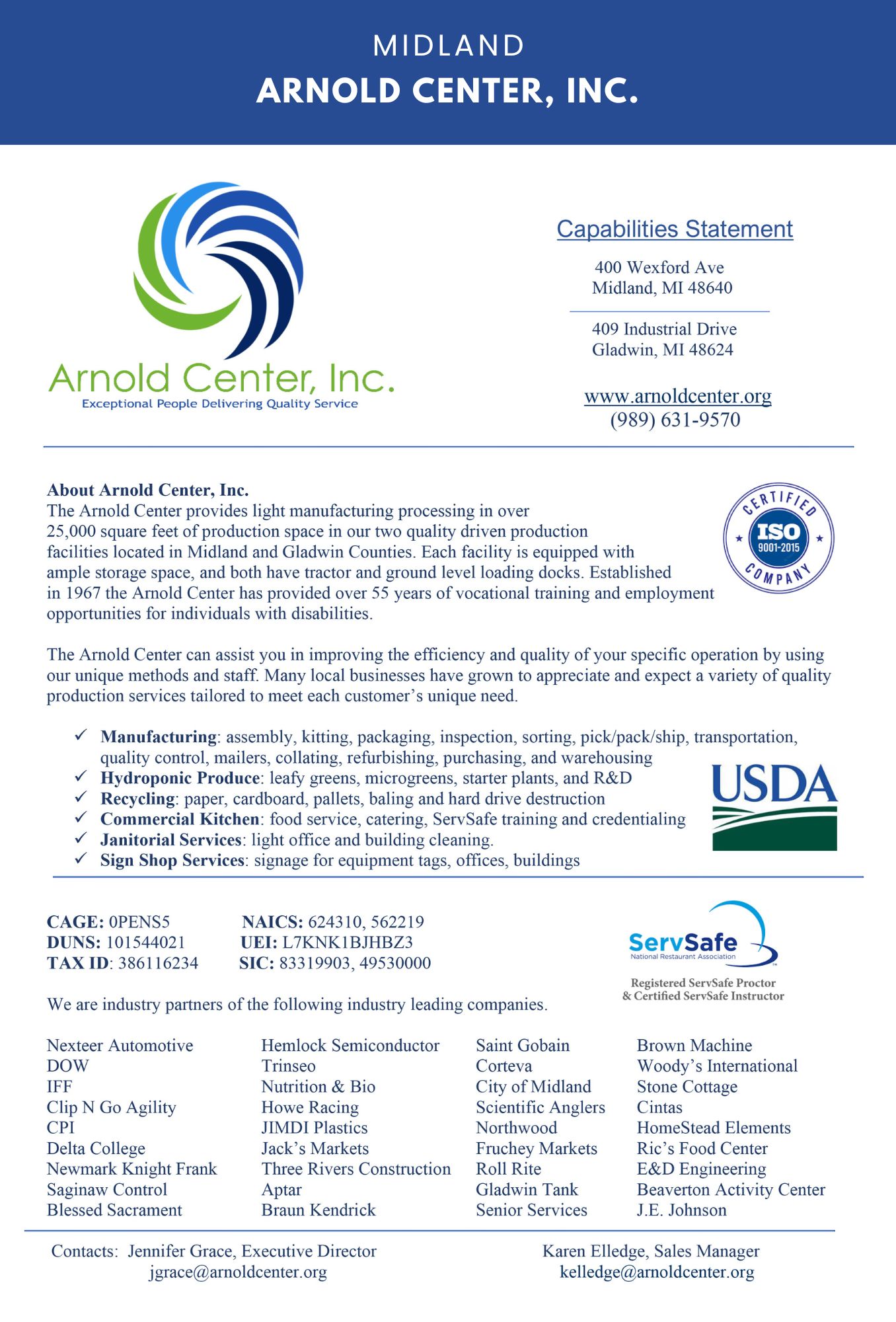 Arnold Center capabilities statement and contact information.