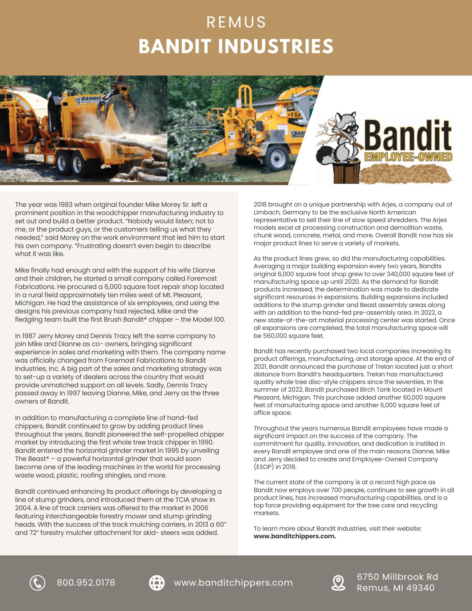 Bandit Industries company brochure with history and contact info.