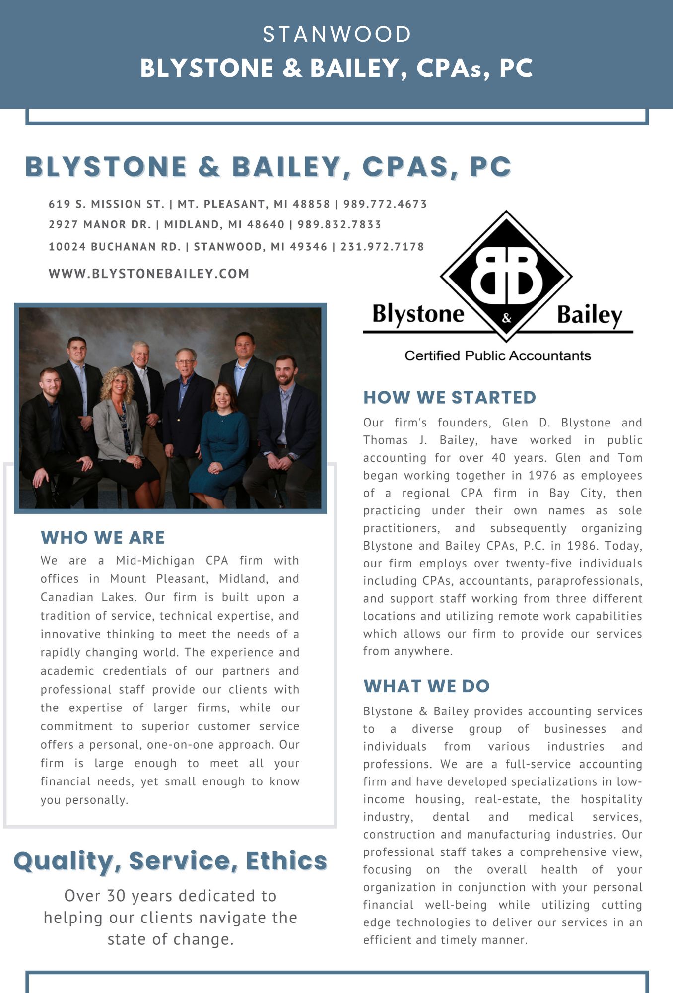 CPA firm Blystone & Bailey information flyer.