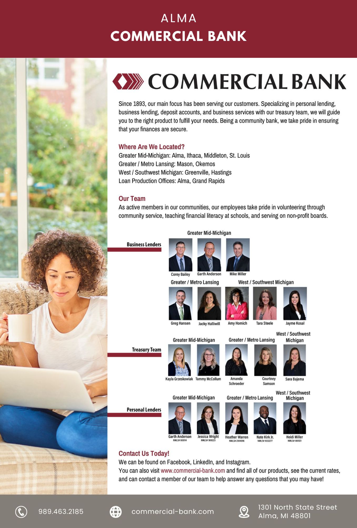 Commercial bank services, locations, and team members.