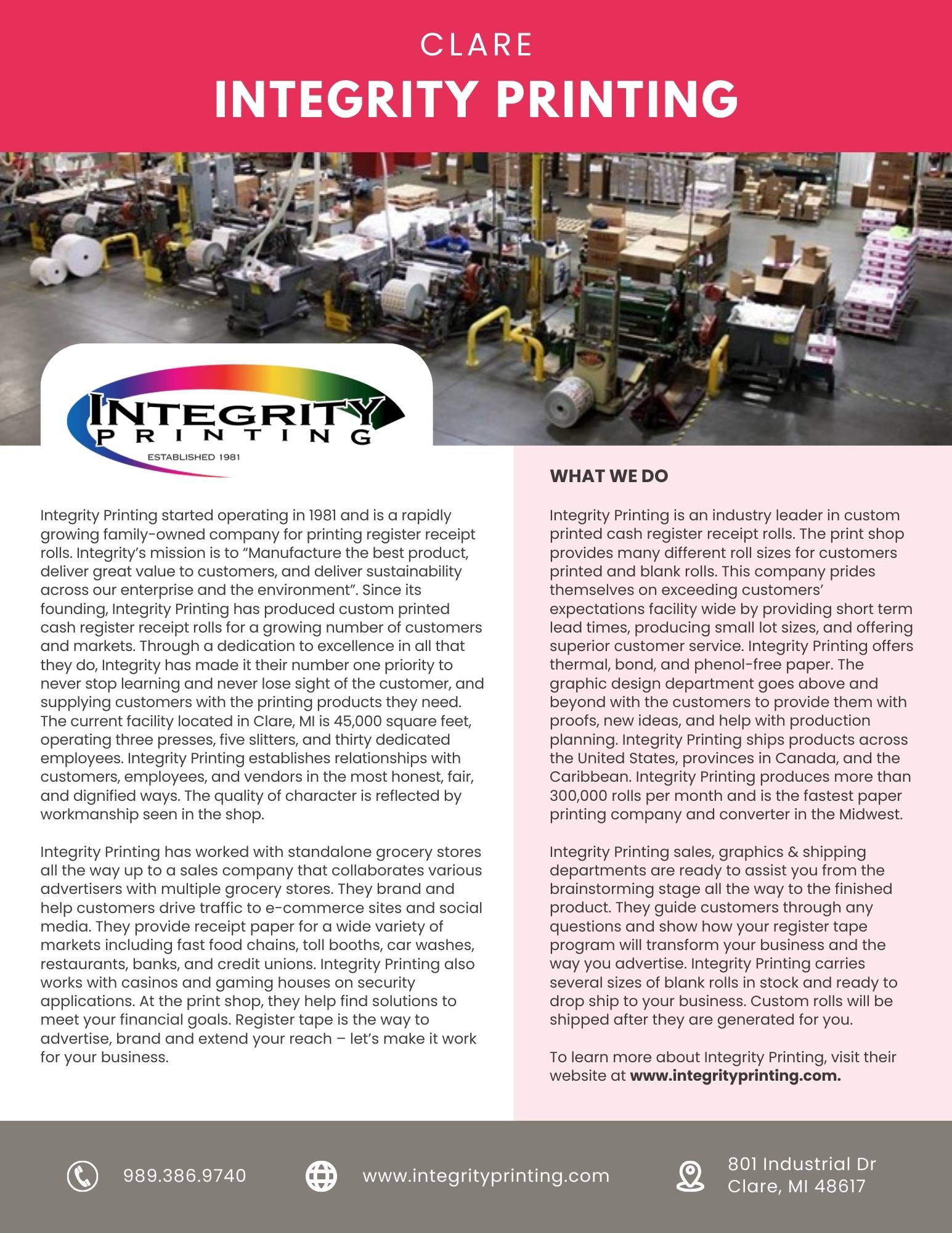 Integrity Printing flyer showcasing printing services and contact details.