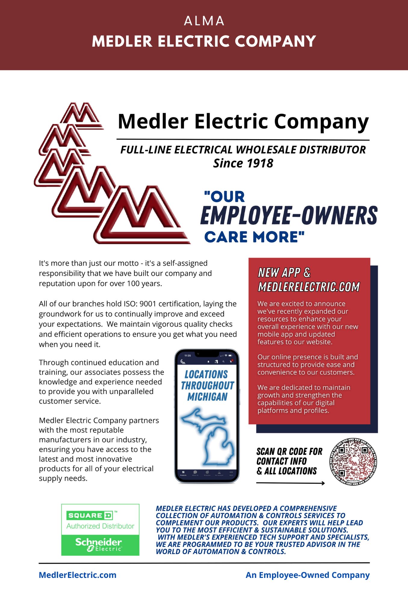 Medler Electric Company brochure, employee-owned since 1918.