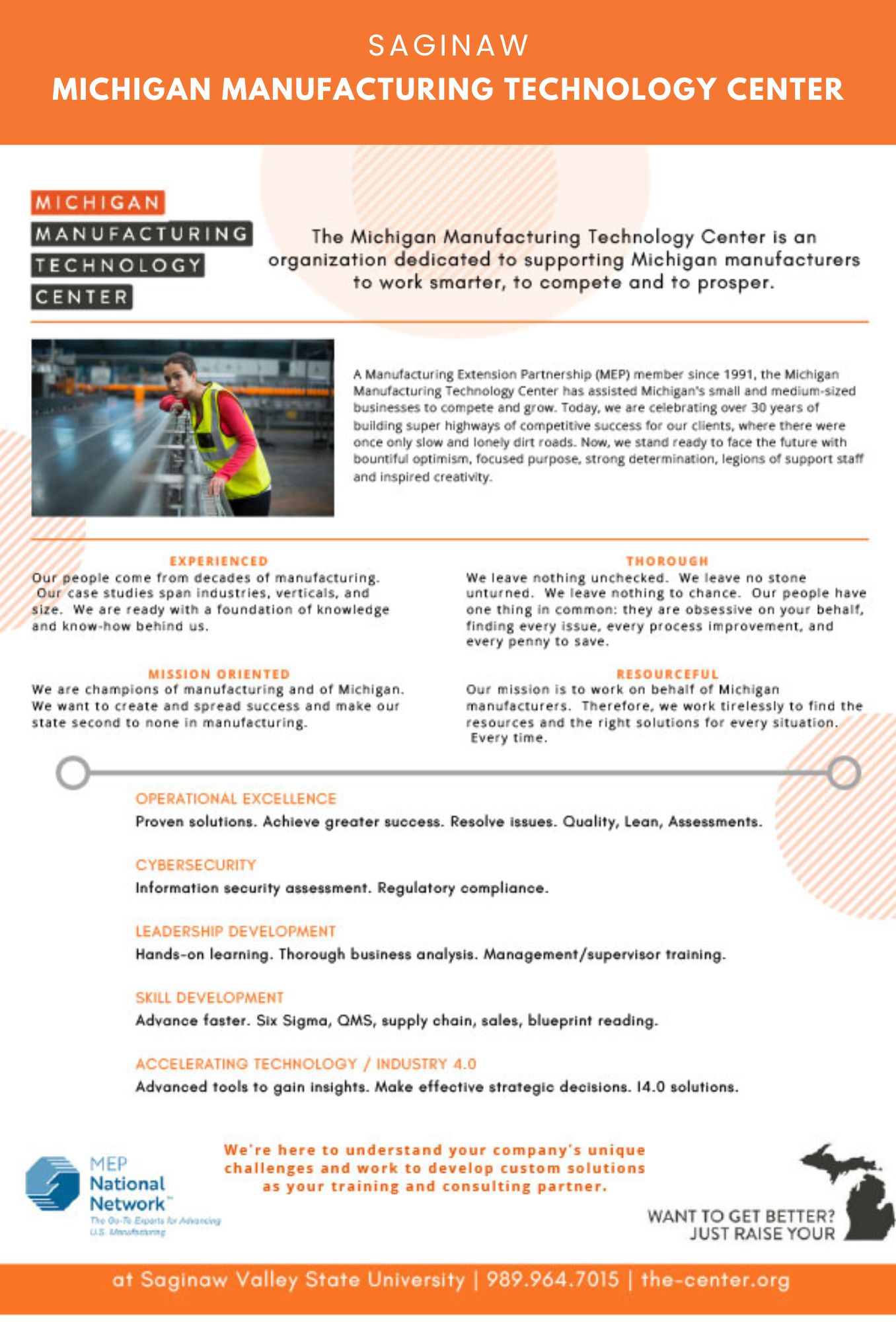 Michigan Manufacturing Technology Center flyer, services overview.