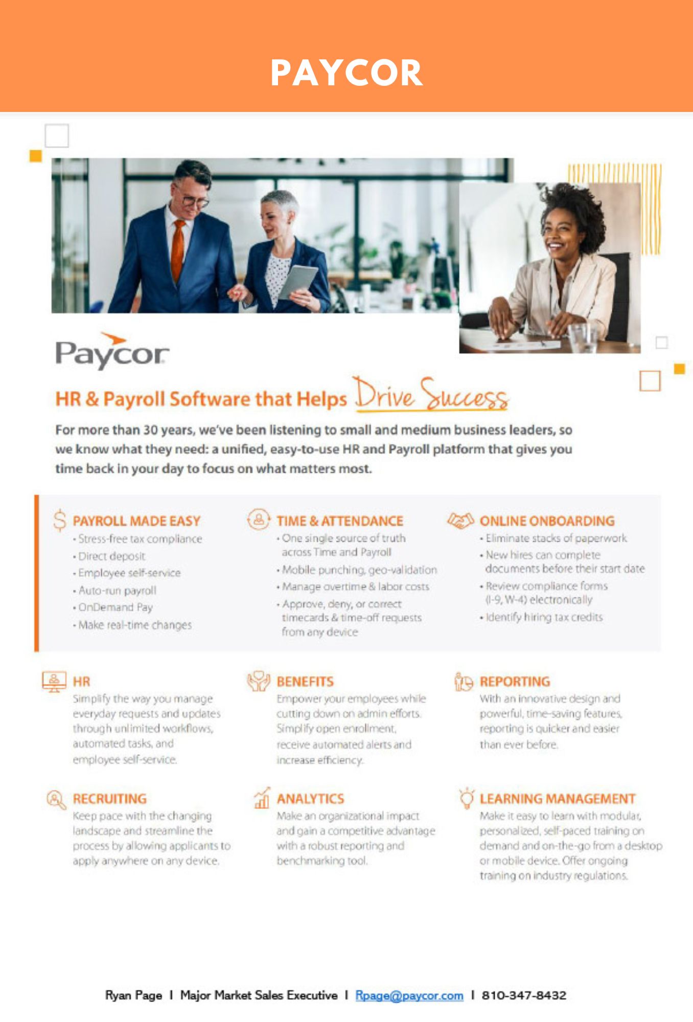 Paycor HR and payroll software overview flyer.