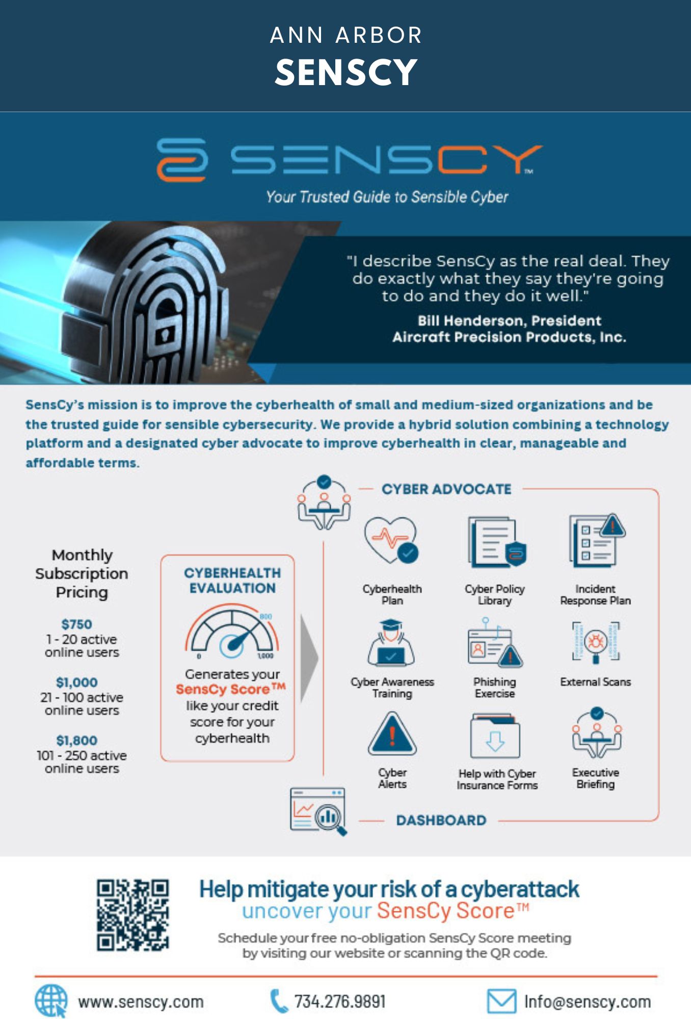 SensCy cybersecurity services overview and subscription pricing.