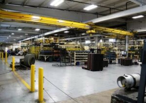 Industrial warehouse interior with machinery and equipment